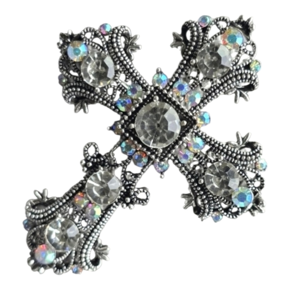Silver Victorian Cross Brooch Pin Pendant Rhinestone Faith God Trinity Gothic